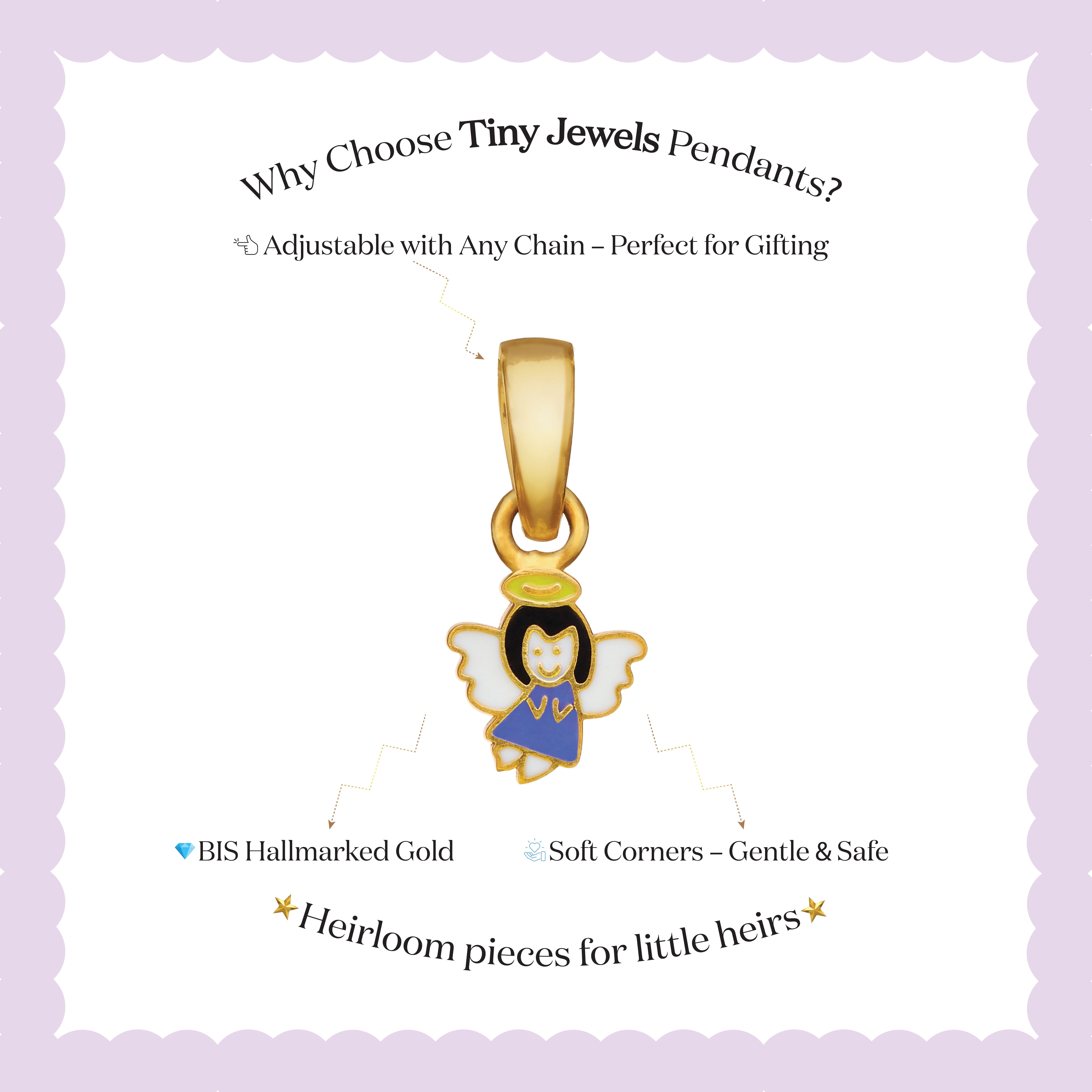 Tiny Jewels gold angel pendant with text on a light purple background