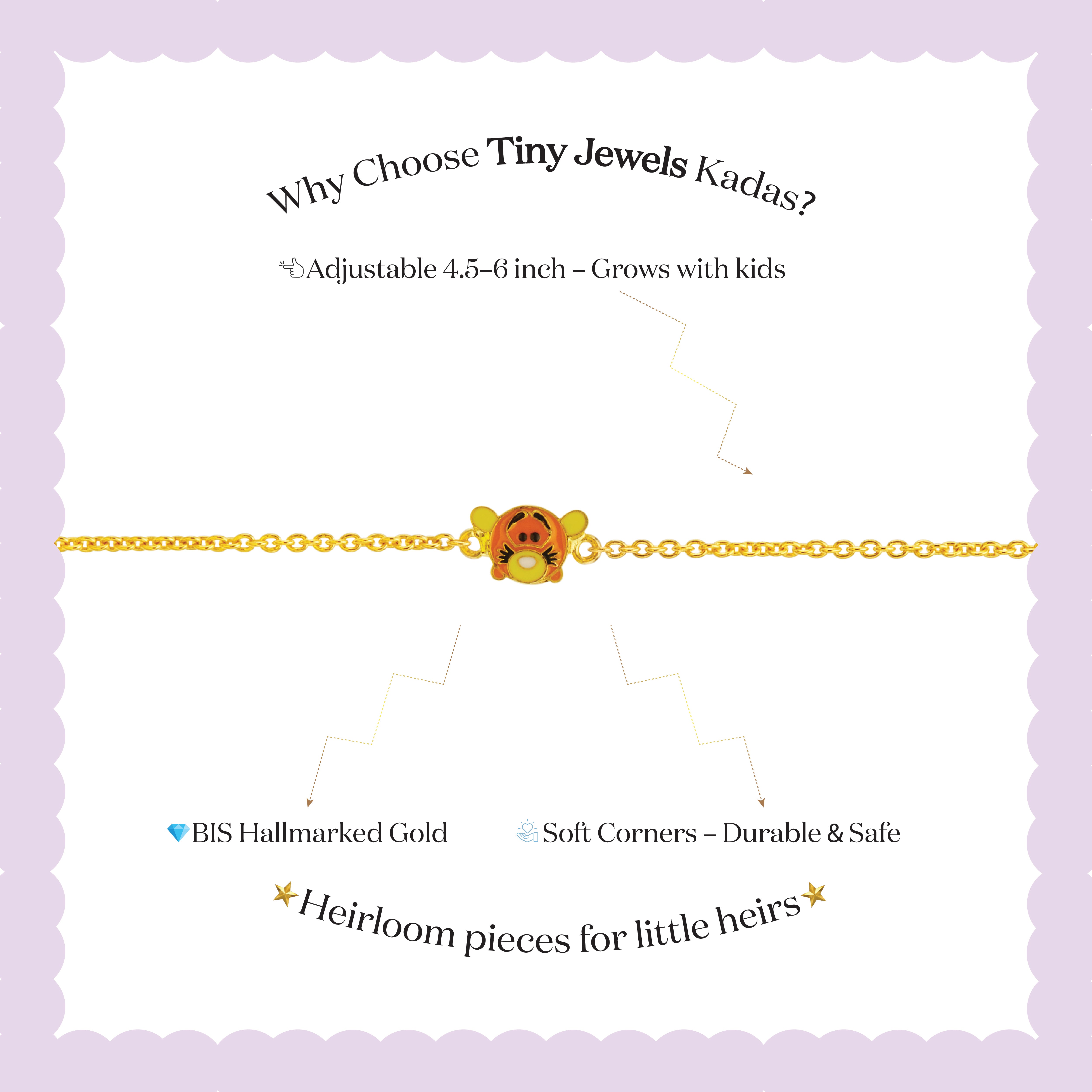 Tiny Jewels gold bracelet with a cartoon character on a white background with promotional text about Tiny Jewels Kadas.