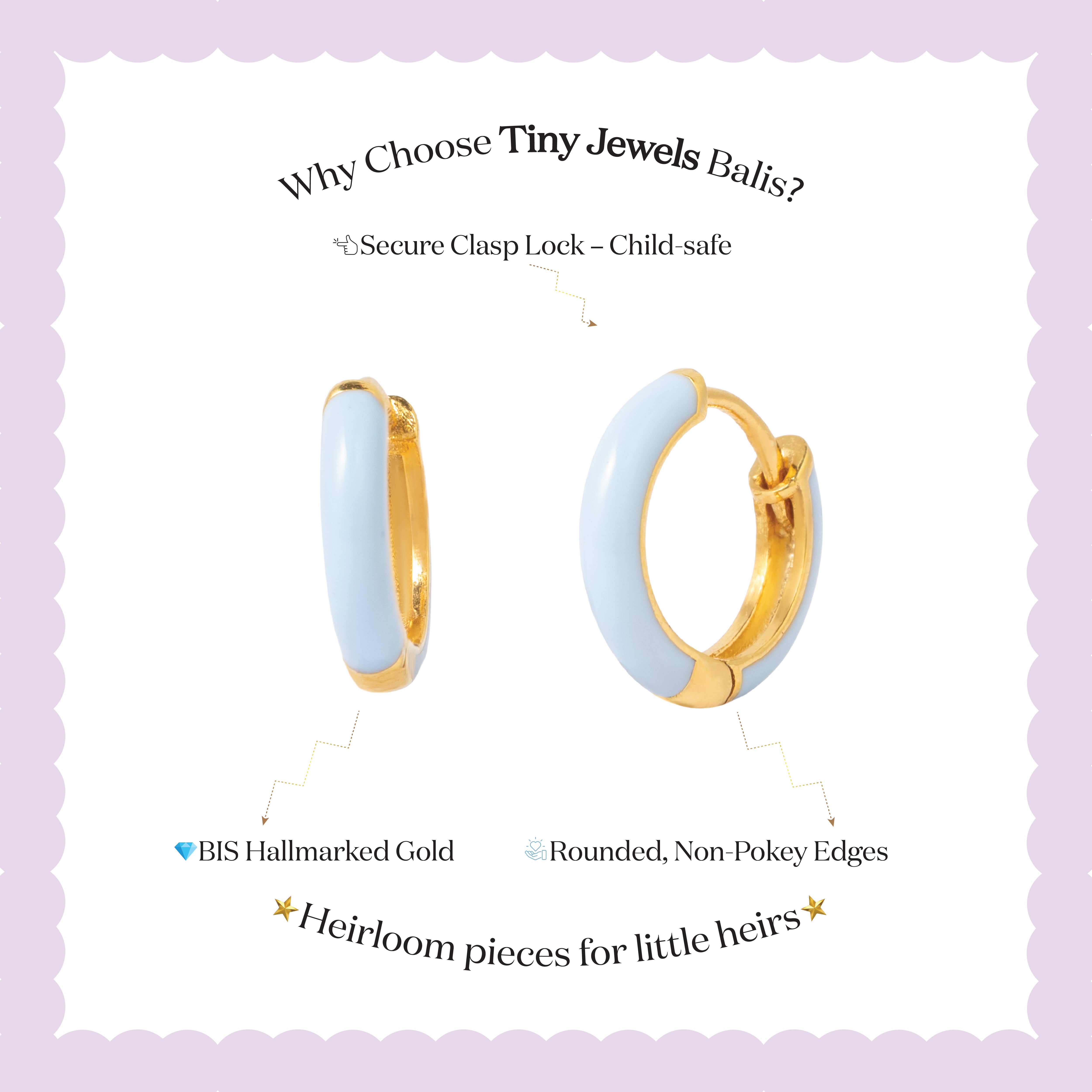 Tiny Jewels gold hoop earrings with light blue stones on a white background with text about product features.