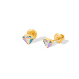 Tiny Jewels gold diamond-shaped earrings with colorful gemstones on a white background