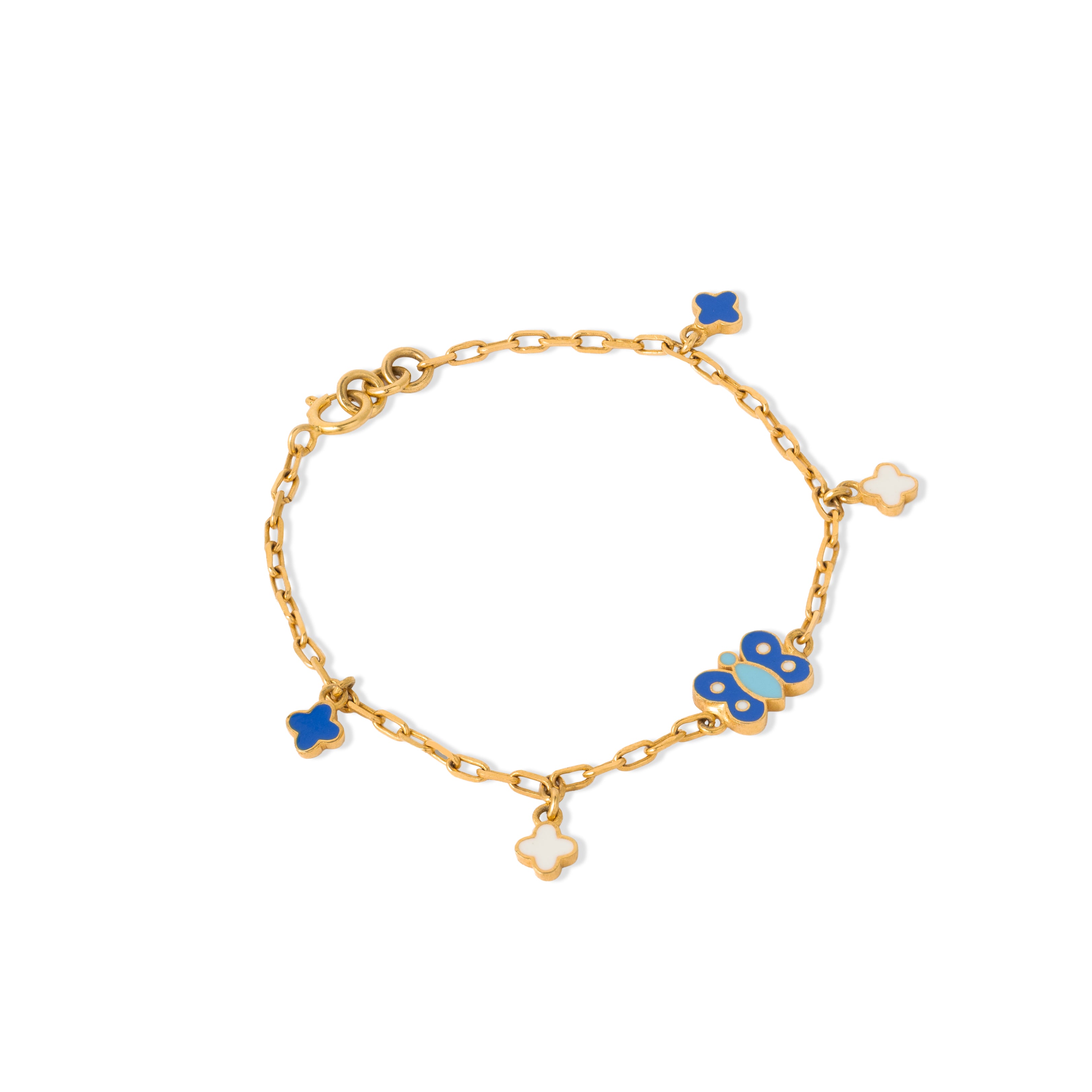 Tiny Jewels gold bracelet with blue and white heart-shaped charms on a white background