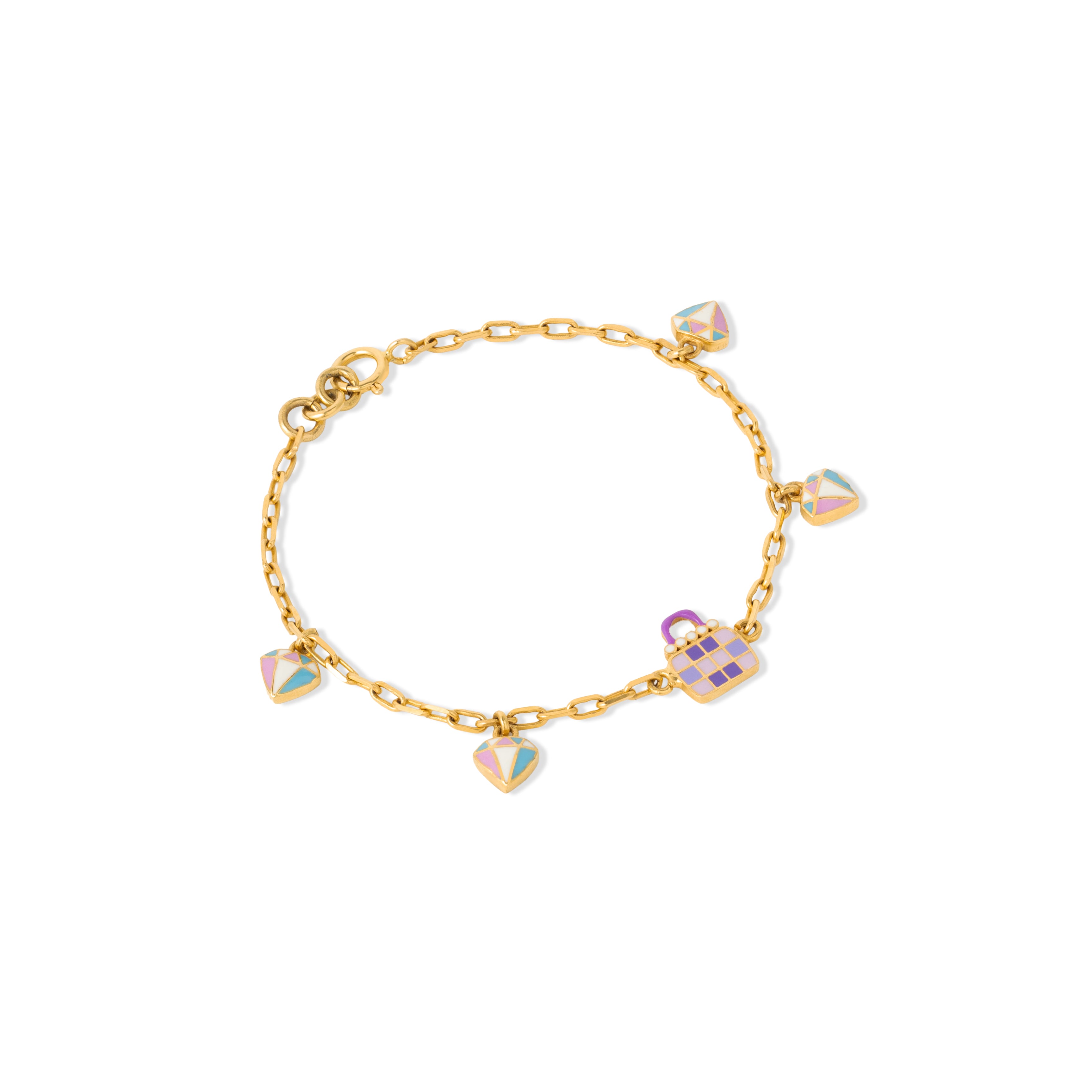 Tiny Jewels gold bracelet with colorful heart-shaped charms on a white background