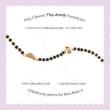 Tiny Jewels children's necklace with black beads and gold accents on a light purple background, featuring text about Tiny Jewels Nazariyas.