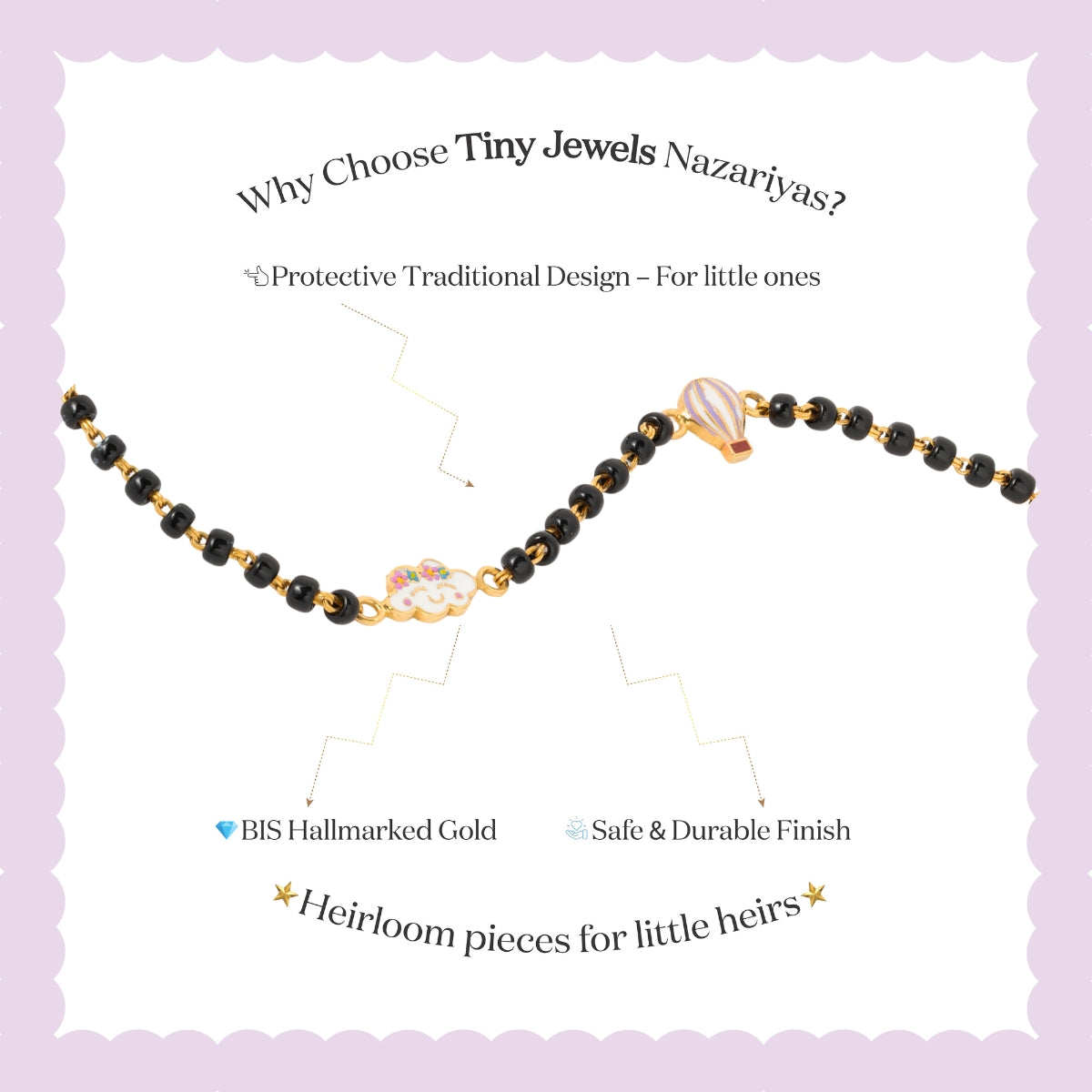 Tiny Jewels bracelet with gold and black beads on a light purple background, featuring text about Tiny Jewels Nazariyas.