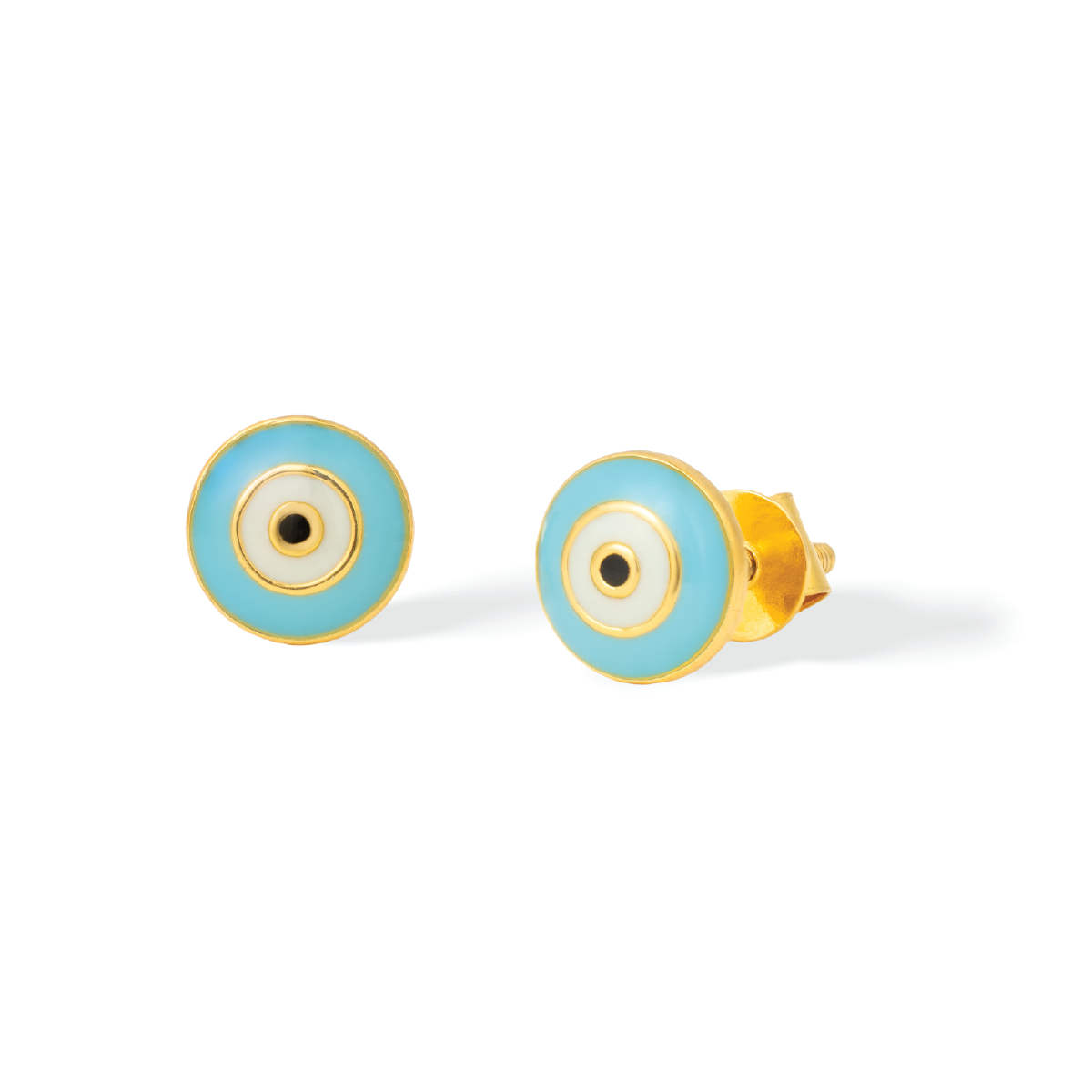 Tiny Jewels pair of blue and gold evil eye earrings on a white background