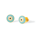 Tiny Jewels pair of blue and gold evil eye earrings on a white background