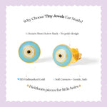 Tiny Jewels turquoise and gold eye-shaped earrings on a light purple background with text about the product.