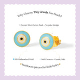 Tiny Jewels turquoise and gold eye-shaped earrings on a light purple background with text about the product.