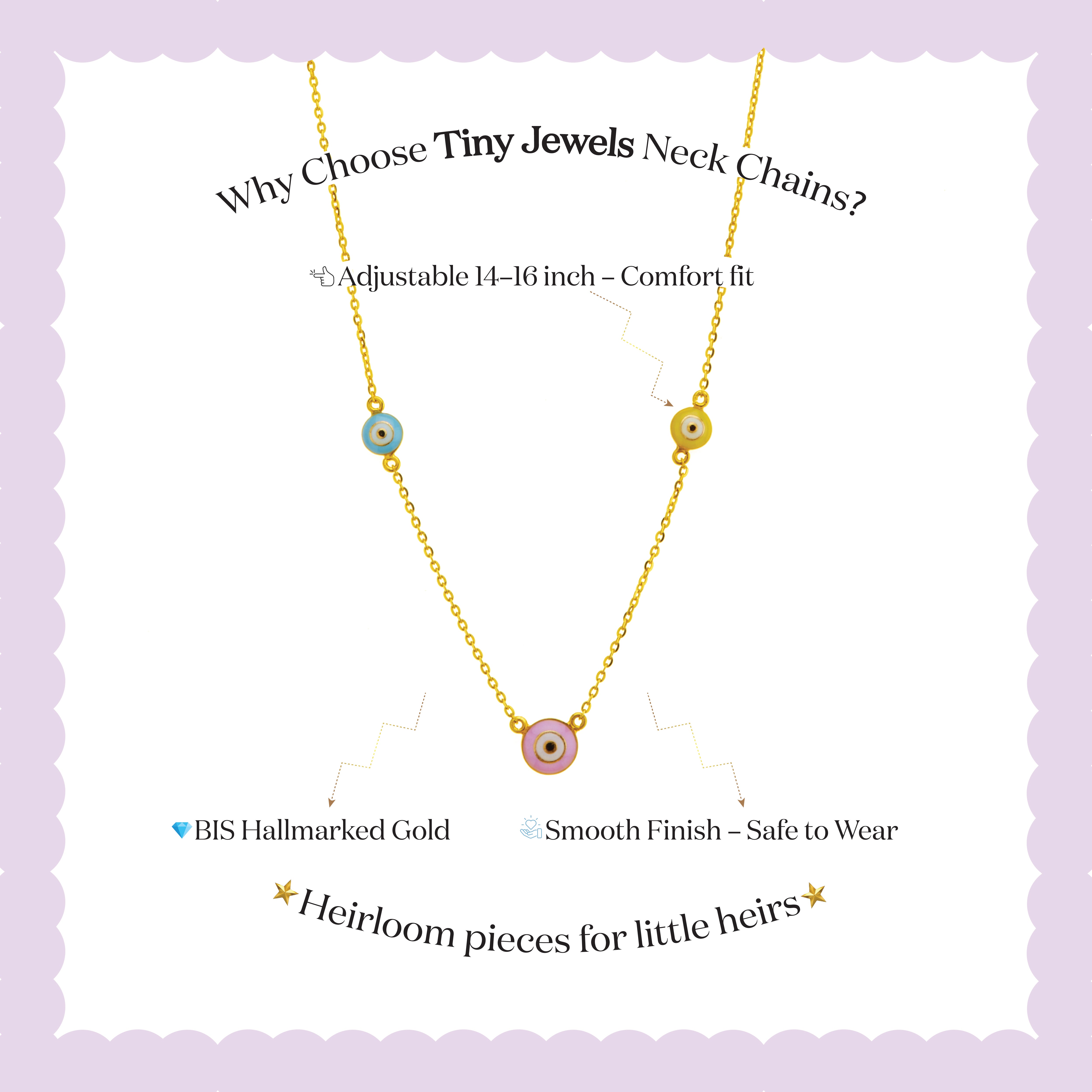 Tiny Jewels gold necklace with small round pendants on a light purple background, featuring text about the product.