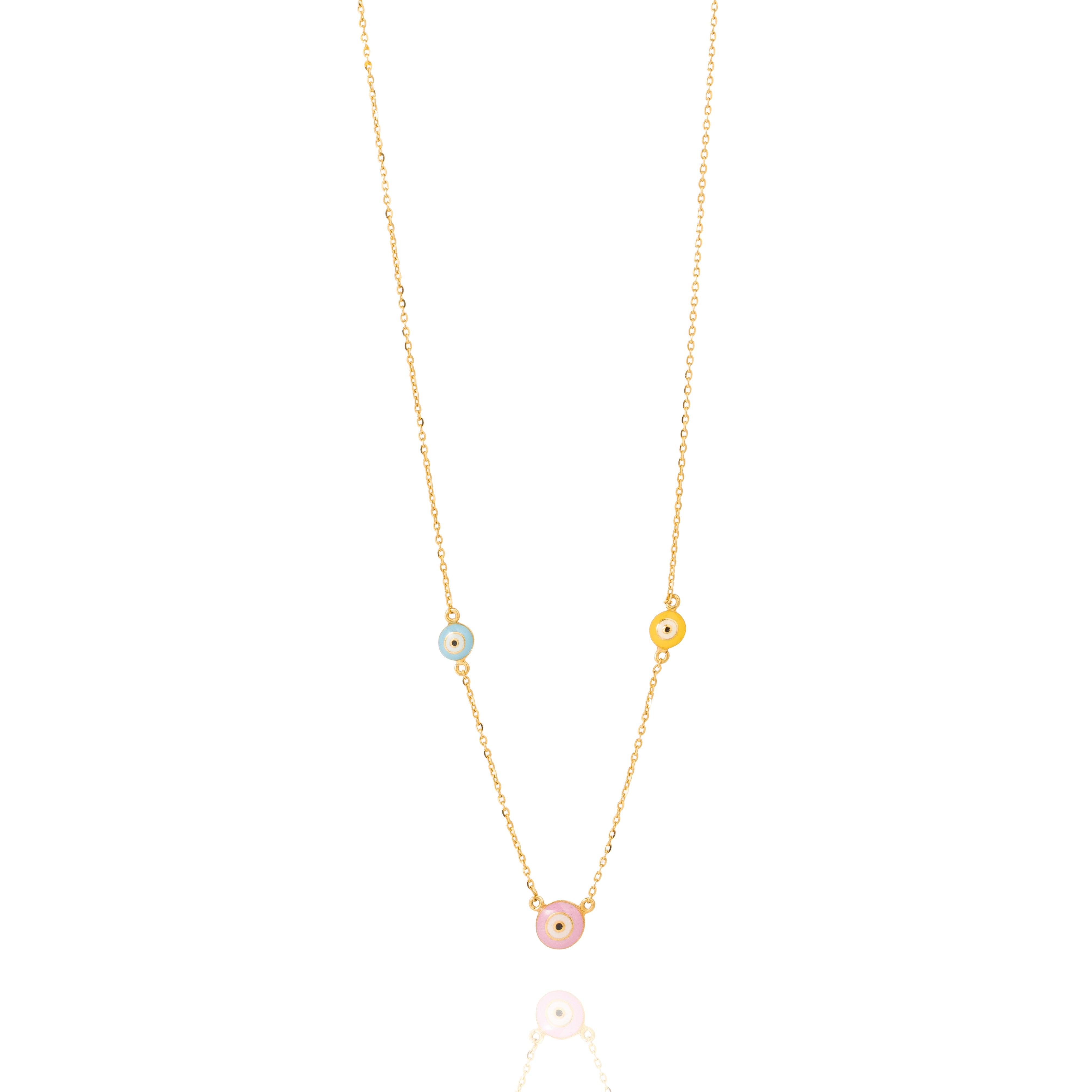 Tiny Jewels gold necklace with three colorful beads on a white background