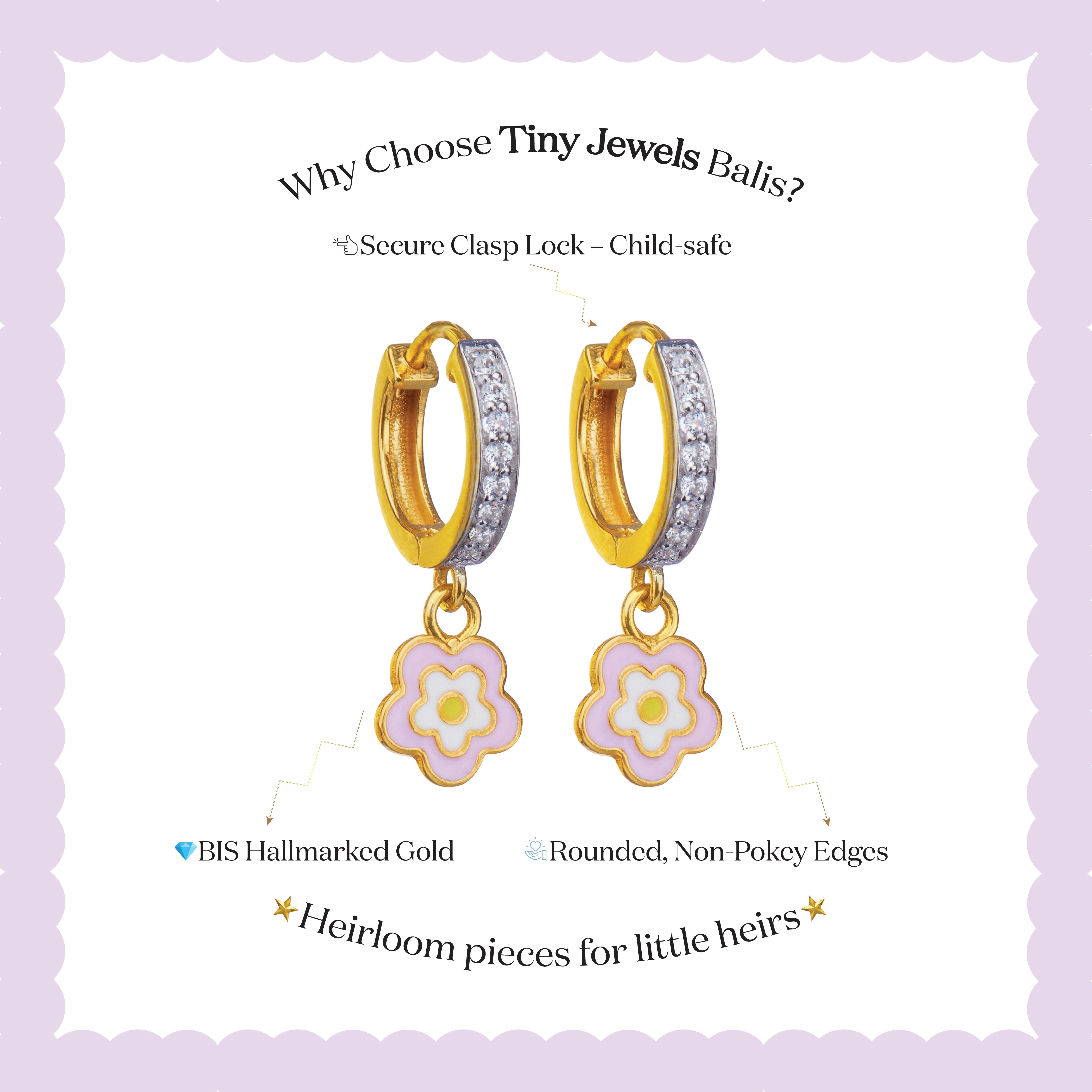 Tiny Jewels gold hoop earrings with flower charms on a purple background, featuring text about Tiny Jewels Balis.
