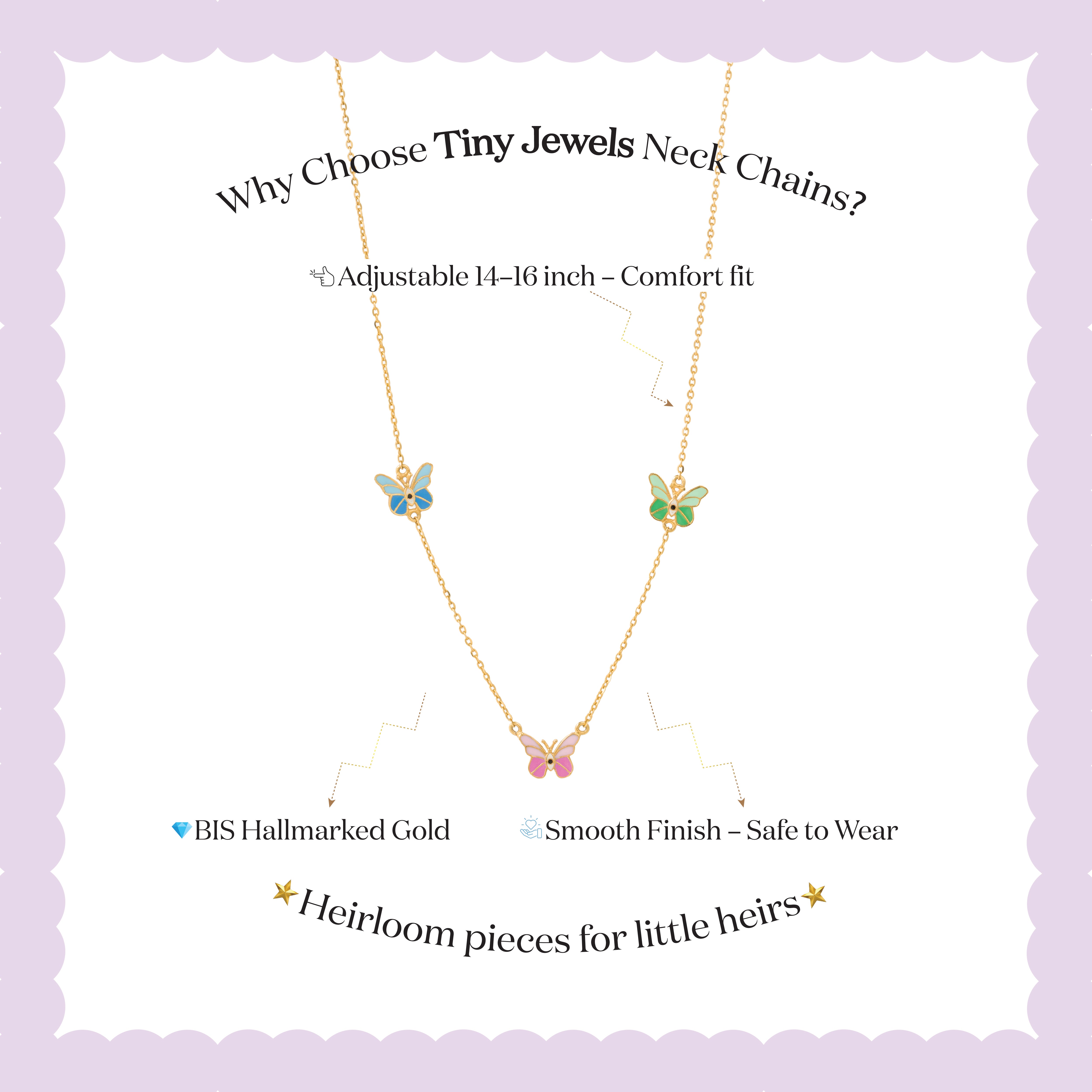 Tiny Jewels necklace with decorative elements on a light purple background