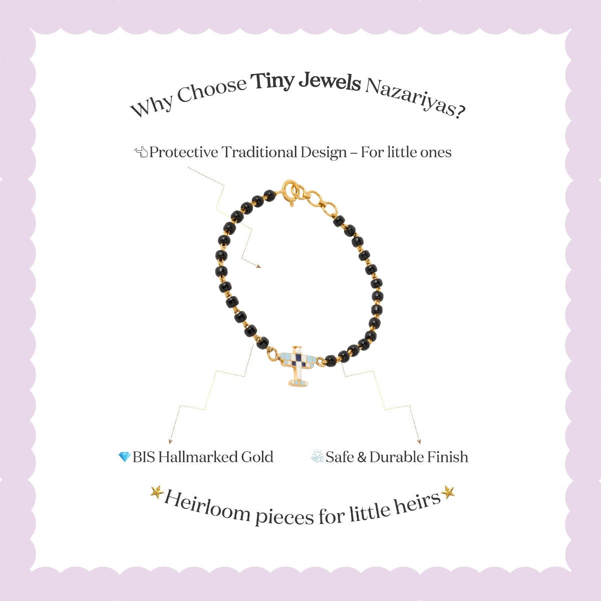 Tiny Jewels bracelet with gold clasp on a white background with promotional text about Tiny Jewels Nazariyas.