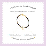 Tiny Jewels bracelet with gold clasp on a white background with promotional text about Tiny Jewels Nazariyas.