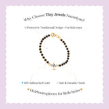 Tiny Jewels bracelet with gold clasp on a white background with promotional text about Tiny Jewels Nazariyas.