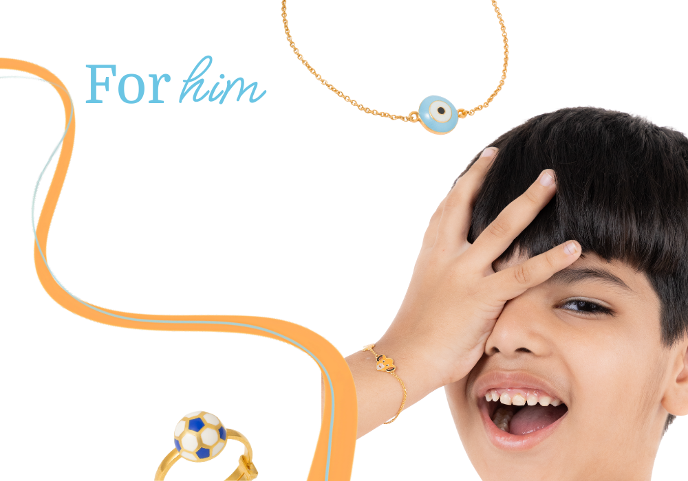Tiny Jewels  jewelry with a boy covering his eyes, text 'For him' on a white background