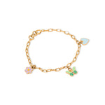 Tiny Jewels gold bracelet with colorful charms on a white background