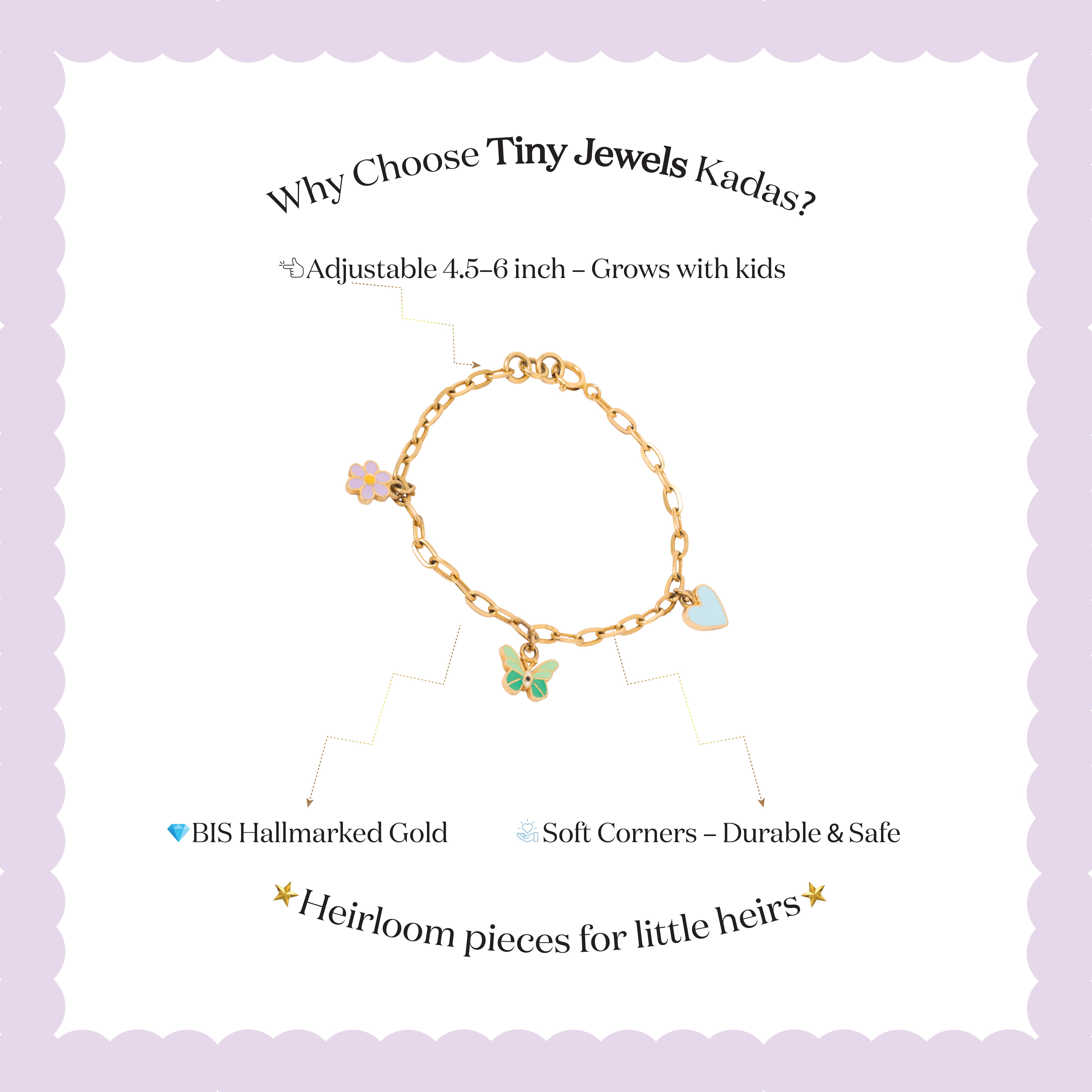 Tiny Jewels gold bracelet with charms on a light purple background, featuring text about Tiny Jewels Kadas.