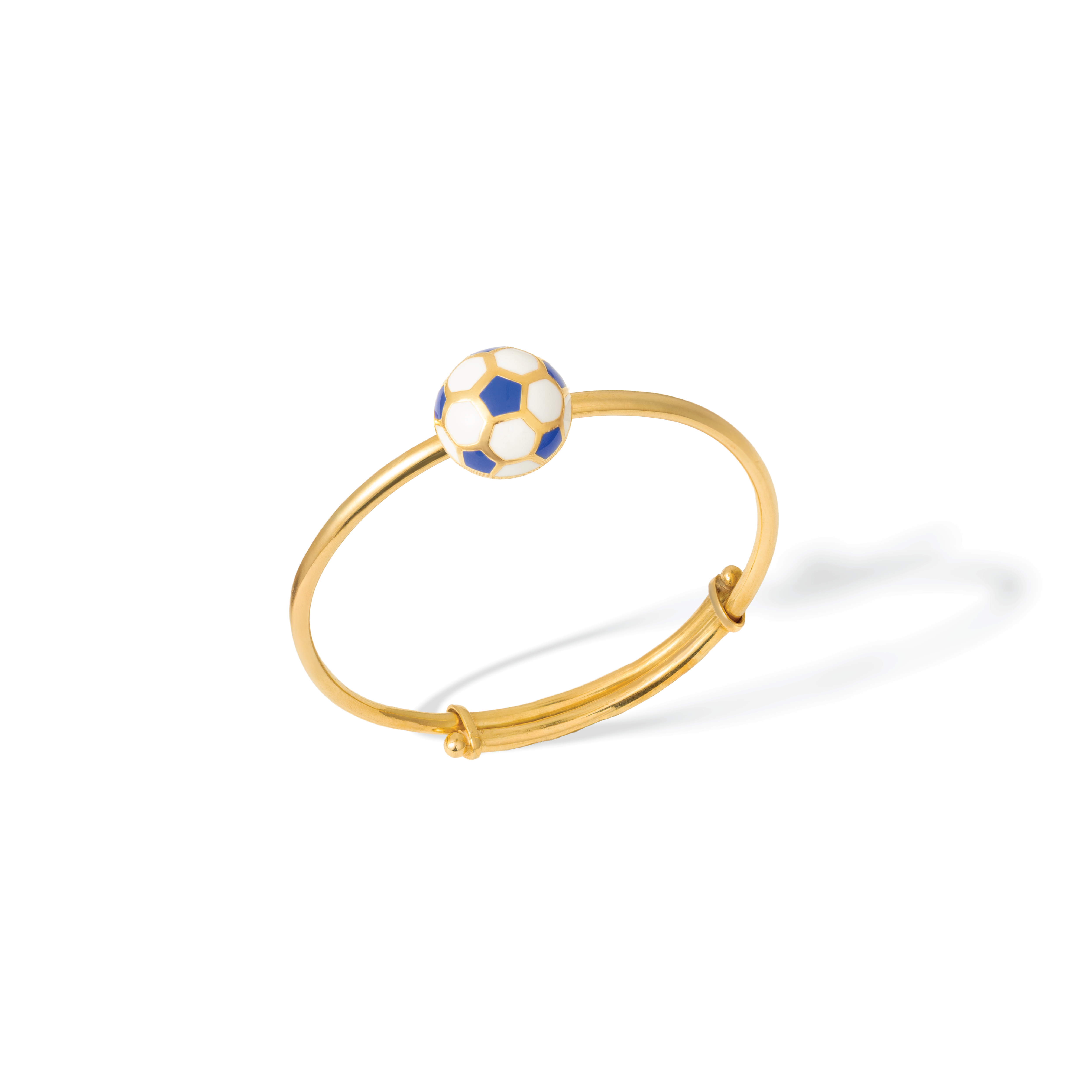 Tiny Jewels gold bracelet with a blue and white ball charm on a white background