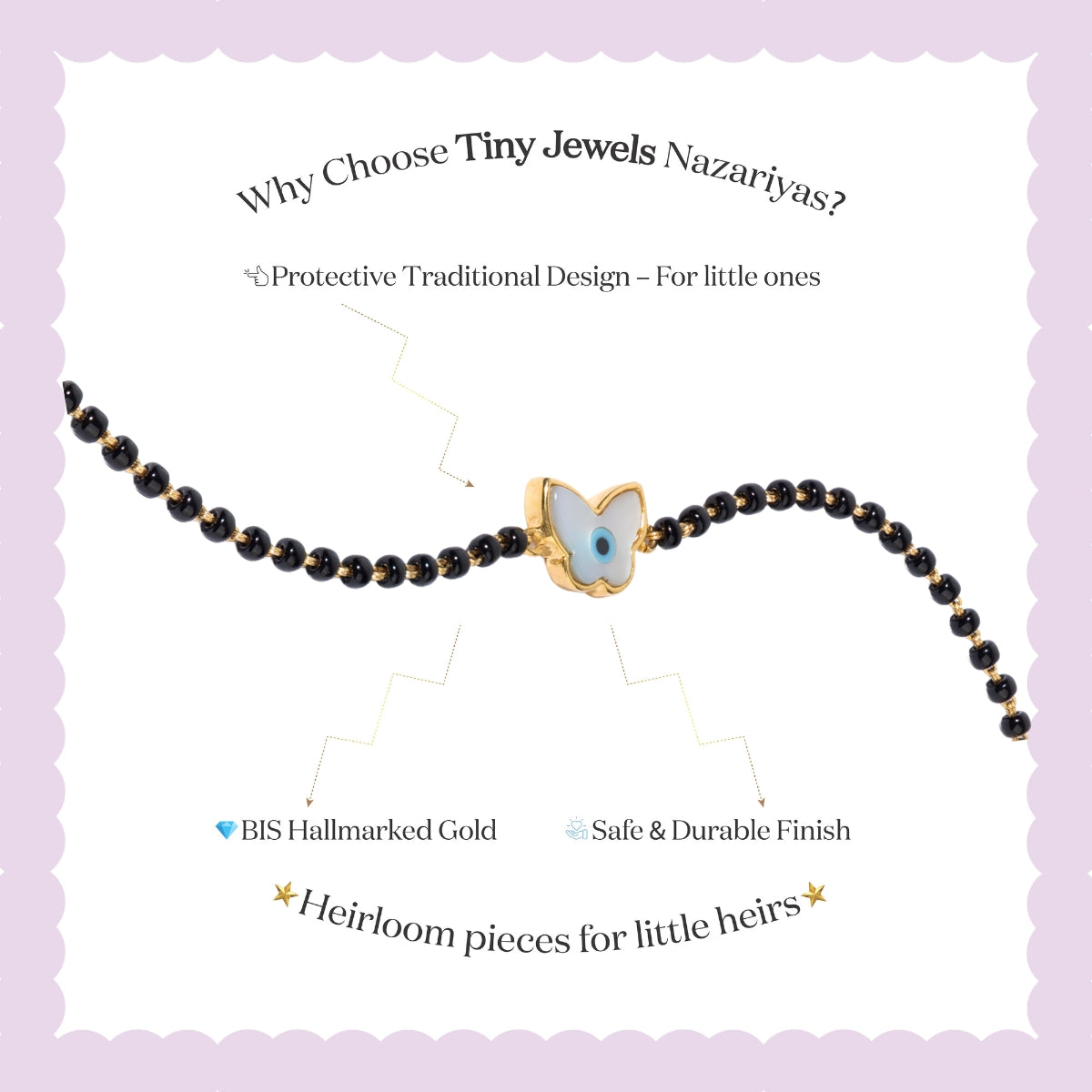 Tiny Jewels black beaded bracelet with a gold butterfly charm on a light purple background, featuring text about Tiny Jewels Nazariyas.