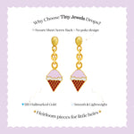 Tiny Jewels ice cream cone-shaped earrings with gold and pink details on a purple background