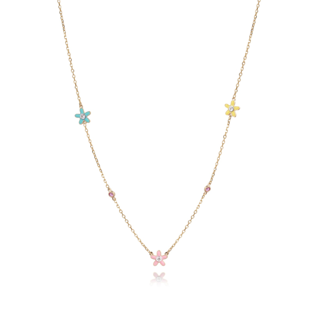Tiny Jewels necklace with floral pendants on a white background