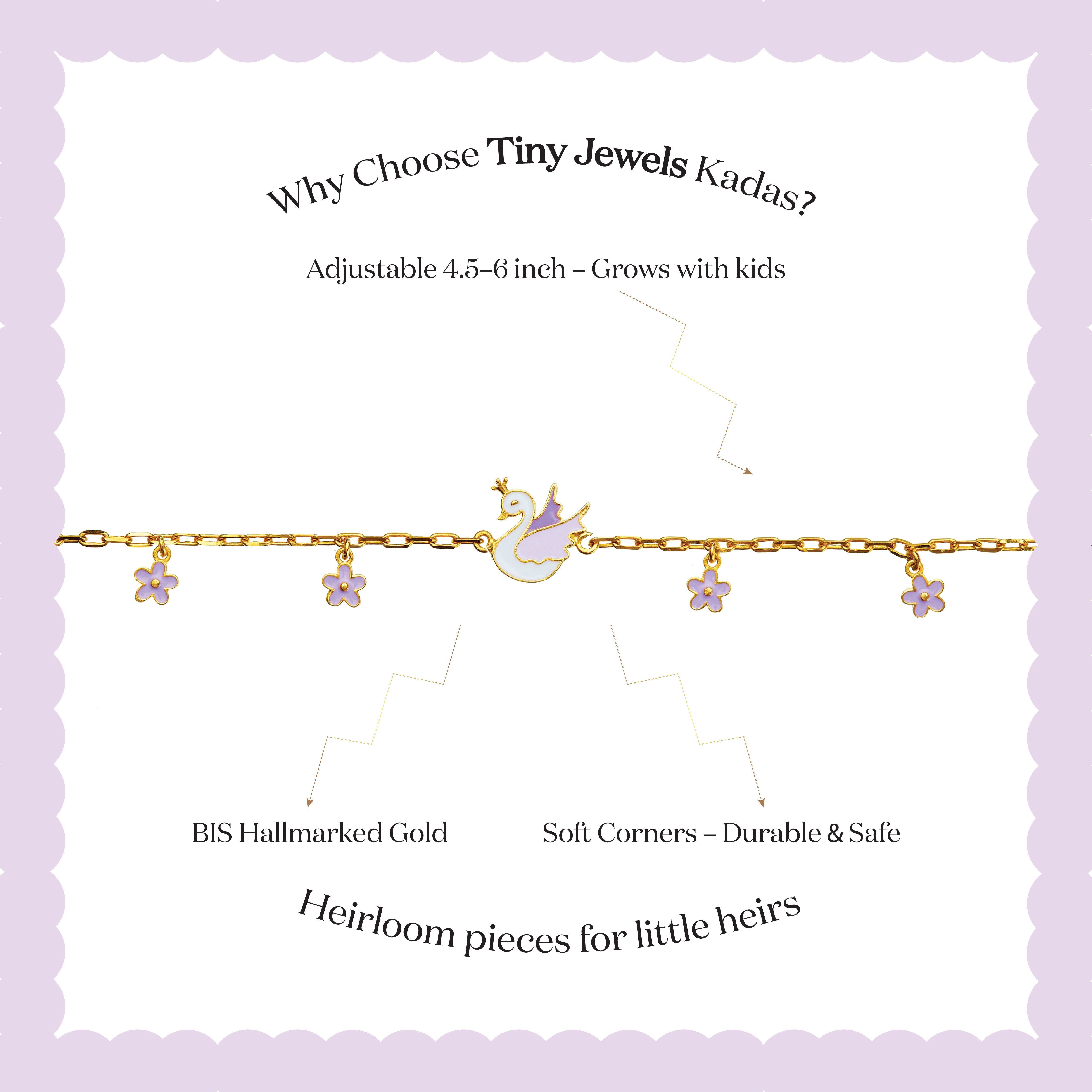 Tiny Jewels gold bracelet with charms on a white card with promotional text on a purple background