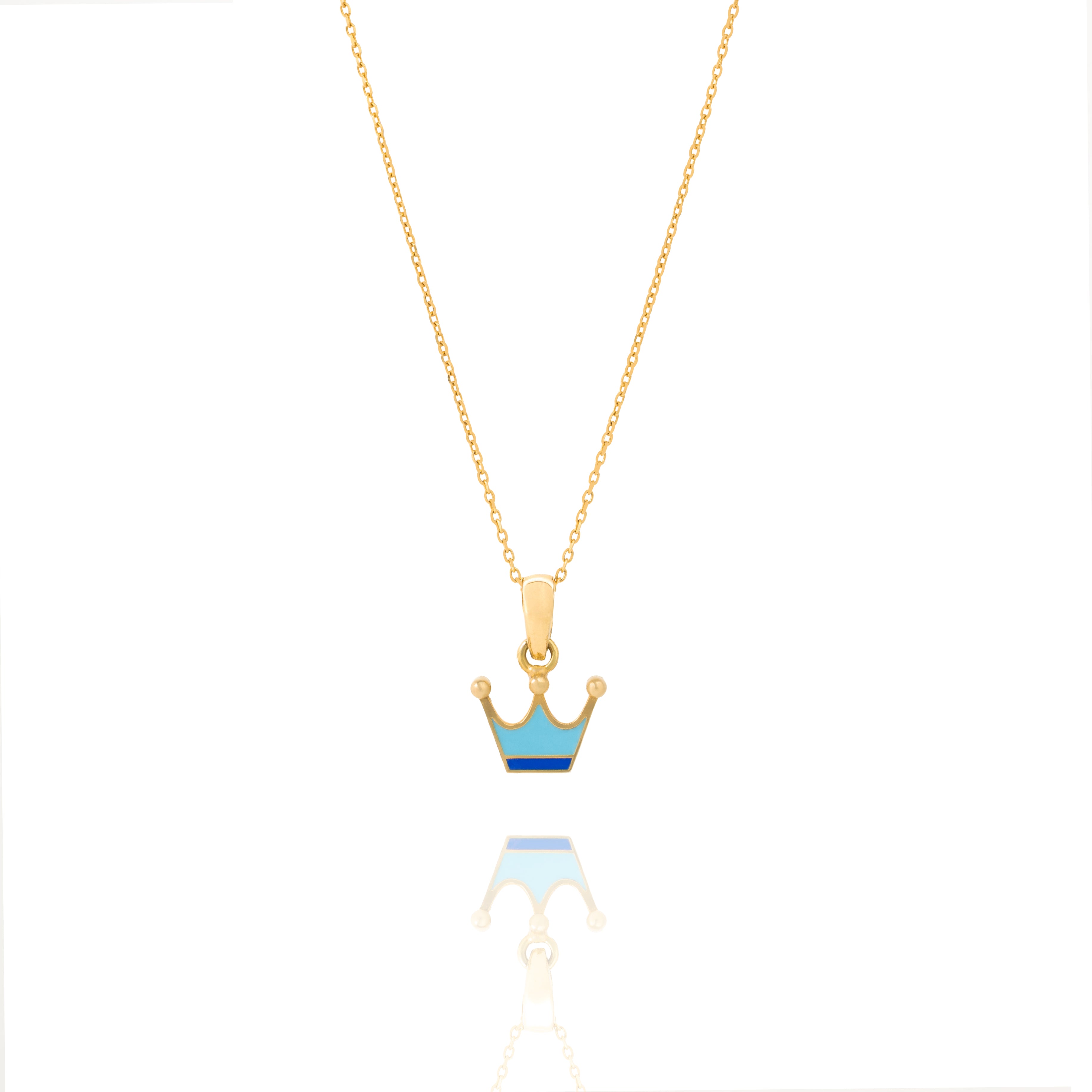 Tiny Jewels gold crown pendant with blue and gold accents on a white background
