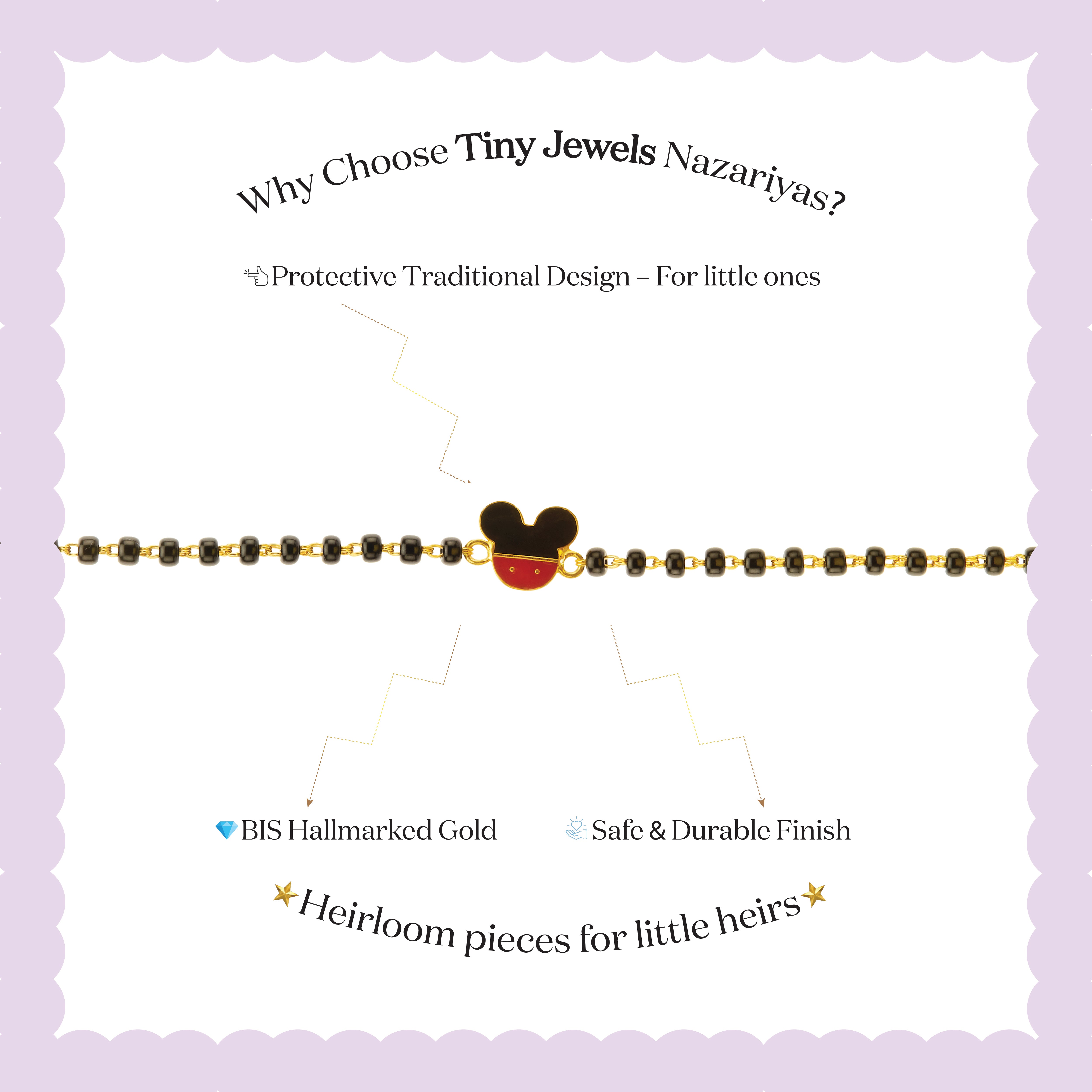 Tiny Jewels bracelet with Mickey Mouse design on a white background with text about Tiny Jewels Nazariyas.