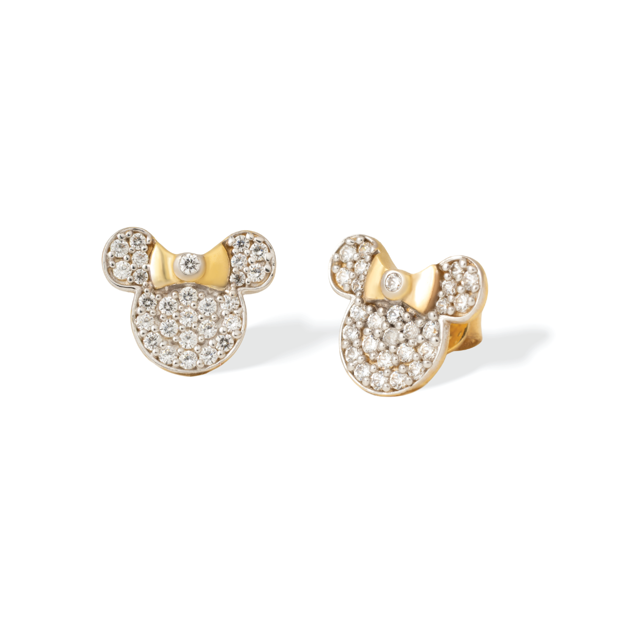 Tiny Jewels gold and diamond Mickey Mouse earrings on a white background