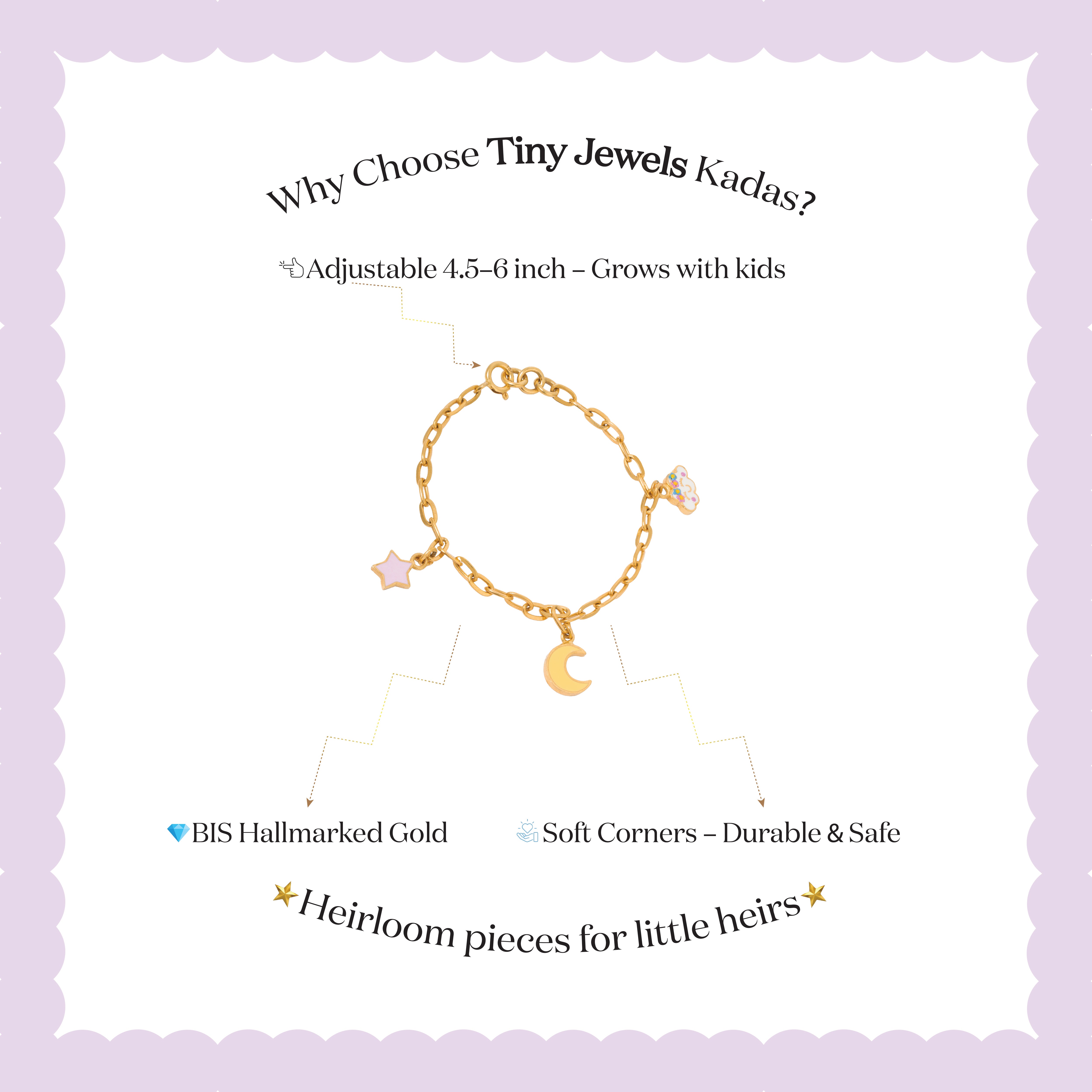 Tiny Jewels gold bracelet with charms on a light purple background, featuring text about Tiny Jewels Kadas.