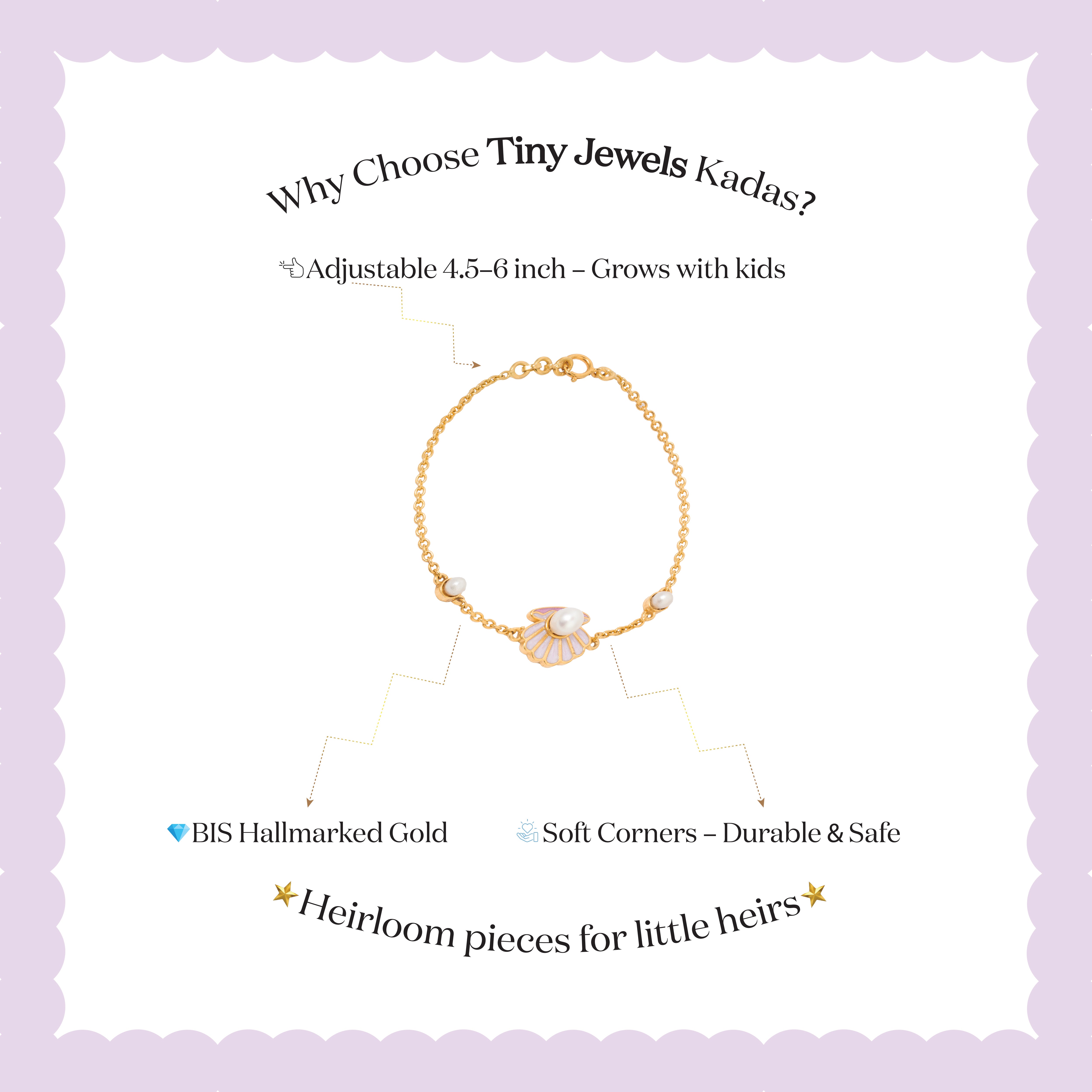Tiny Jewels gold bracelet with a heart design on a light purple background, featuring text about Tiny Jewels Kadas.
