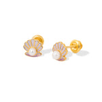 Tiny Jewels pair of gold and pearl earrings on a white background