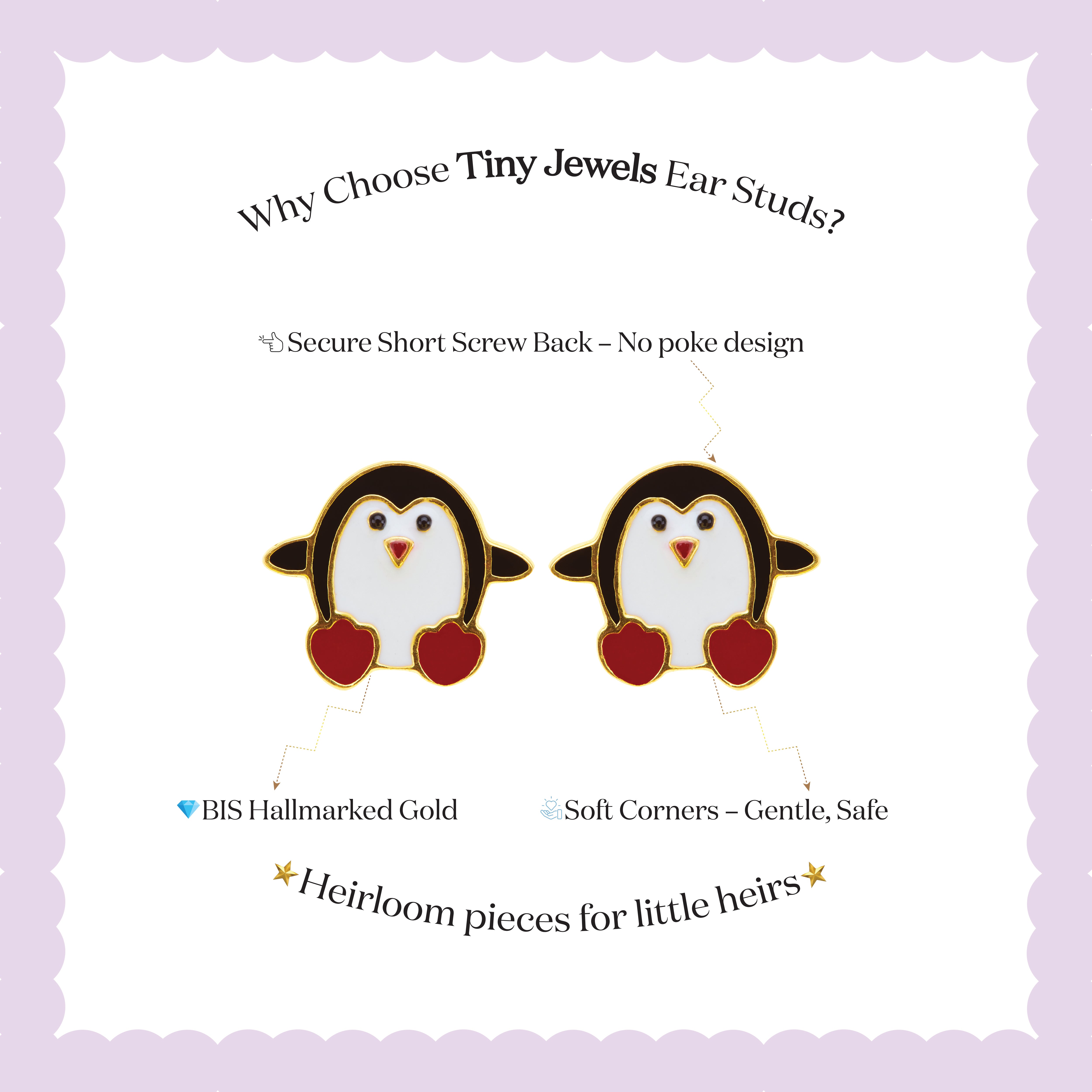 Tiny Jewels penguin-shaped earrings with red hearts on a white background with text about Tiny Jewels ear studs.