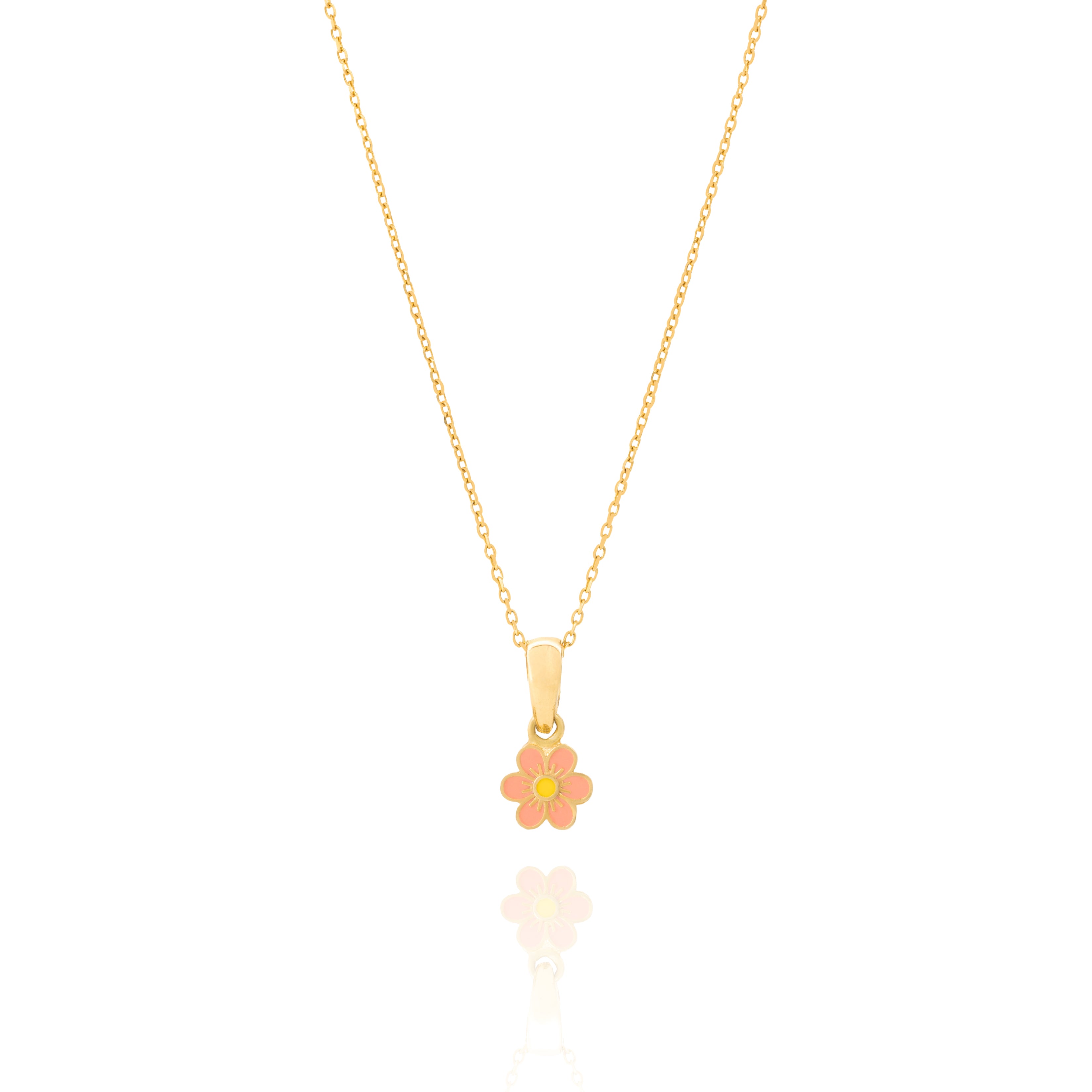 Tiny Jewels gold pendant with a pink flower design on a white background