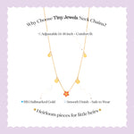 Tiny Jewels gold necklace with a flower pendant on a white background with text about Tiny Jewels neck chains.