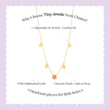Tiny Jewels gold necklace with a flower pendant on a white background with text about Tiny Jewels neck chains.
