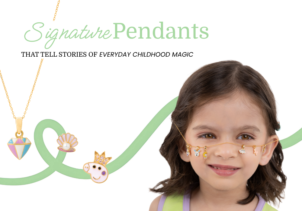 Tiny Jewels Pendants Collection Child wearing necklaces with pendants and 'Signature Pendants' text on a white background