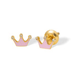 Tiny Jewels crown-shaped earrings with pink and gold colors on a white background