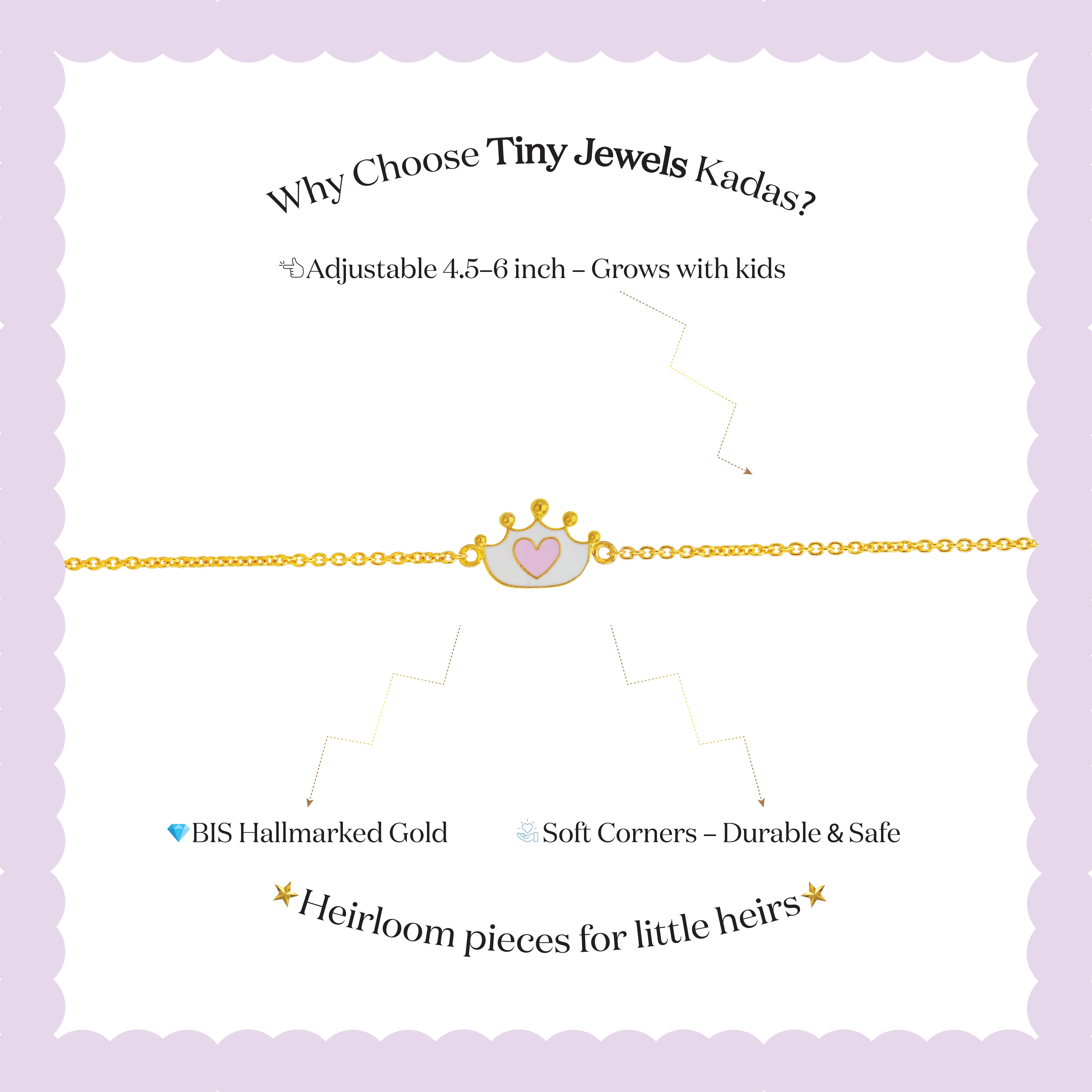 Tiny Jewels advertisement for Tiny Jewels Kadas bracelet with gold chain and heart charm on a light purple background.