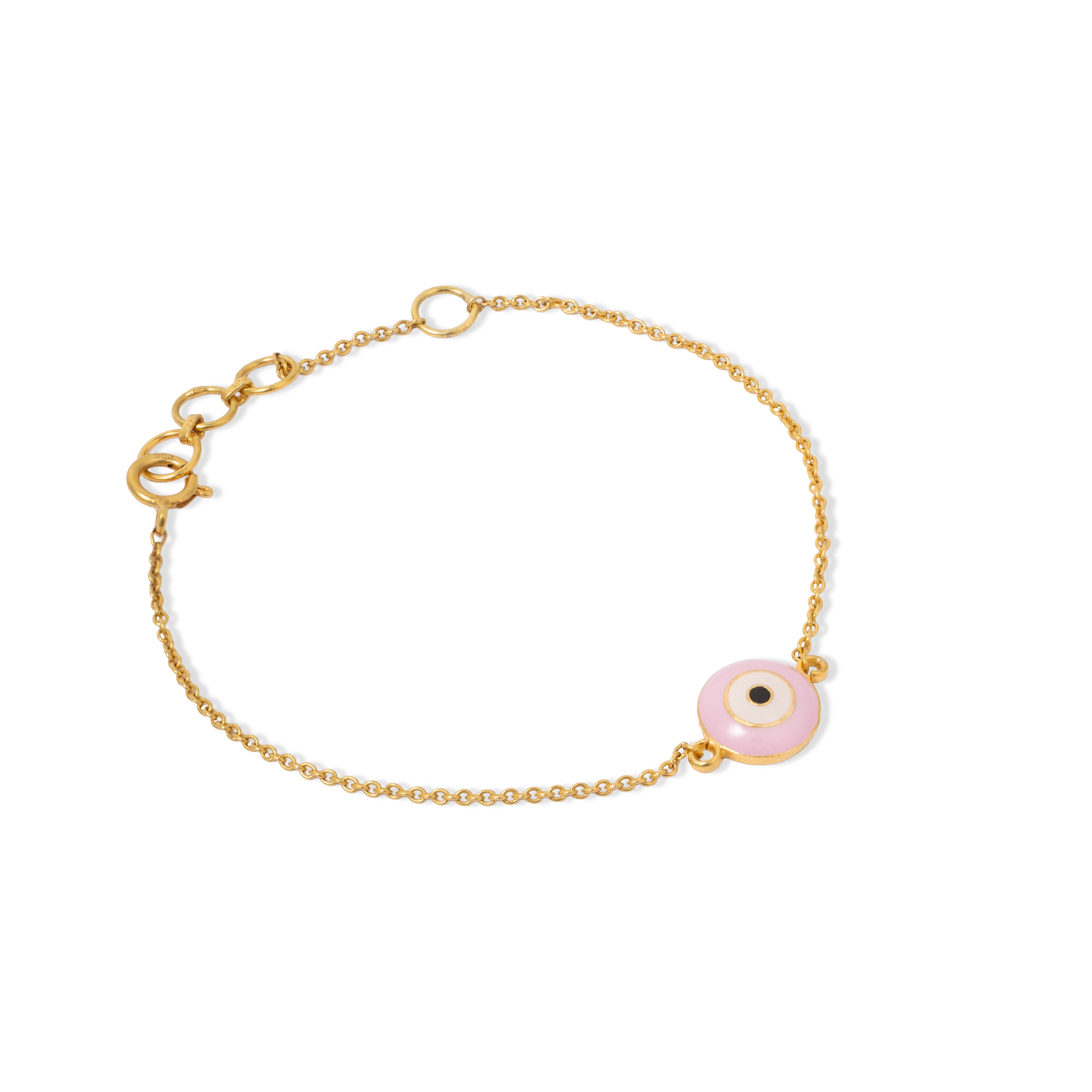Tiny Jewels gold bracelet with a pink evil eye charm on a white background
