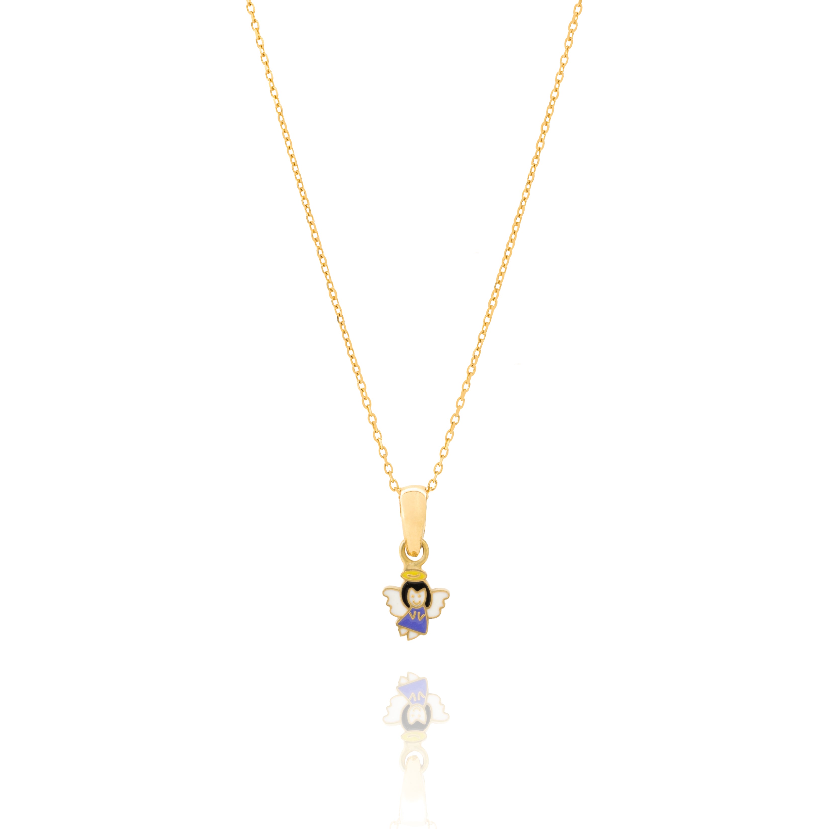 Tiny Jewels gold angel pendant with a blue dress on a white background