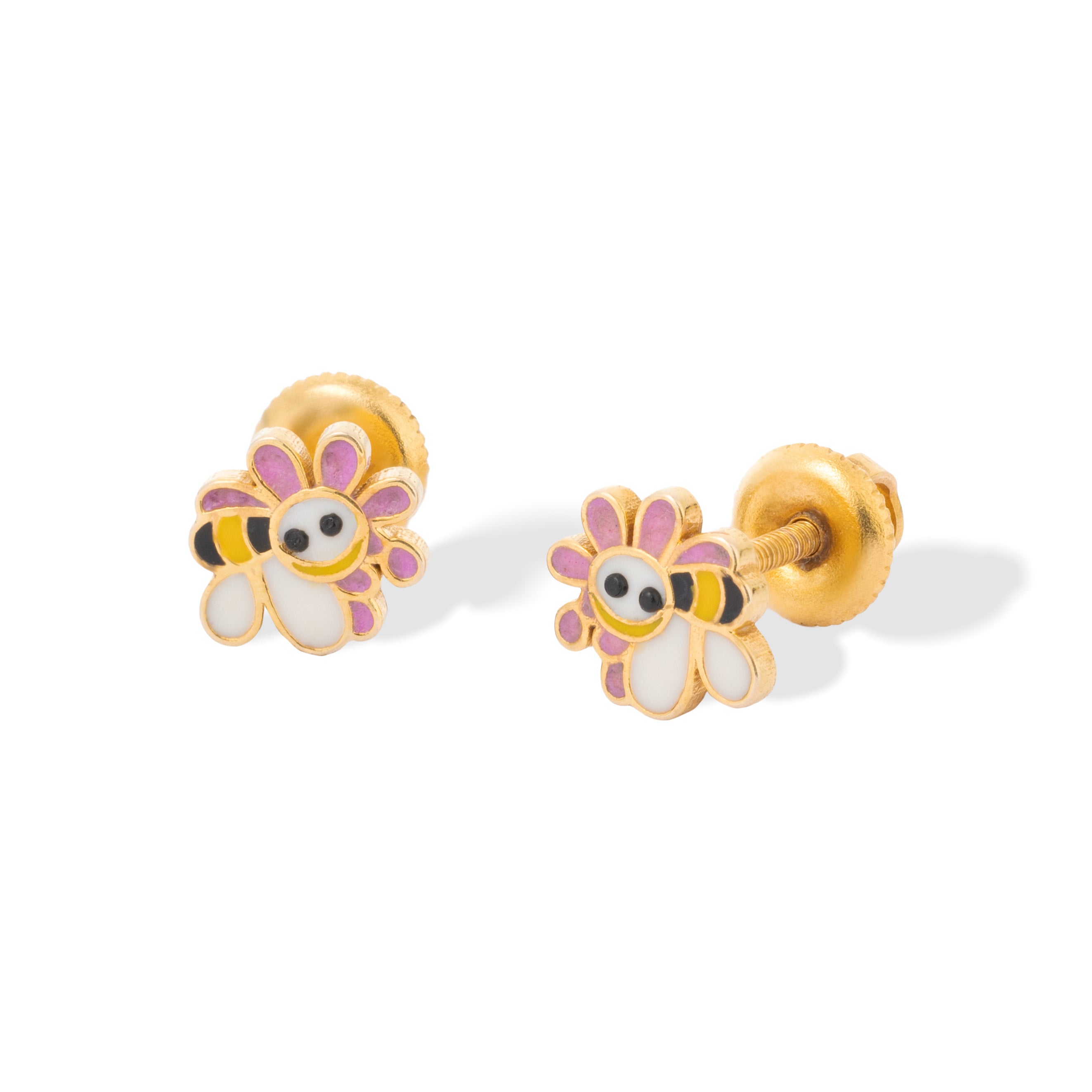 Tiny Jewels pair of gold flower-shaped earrings with cartoon character faces on a white background