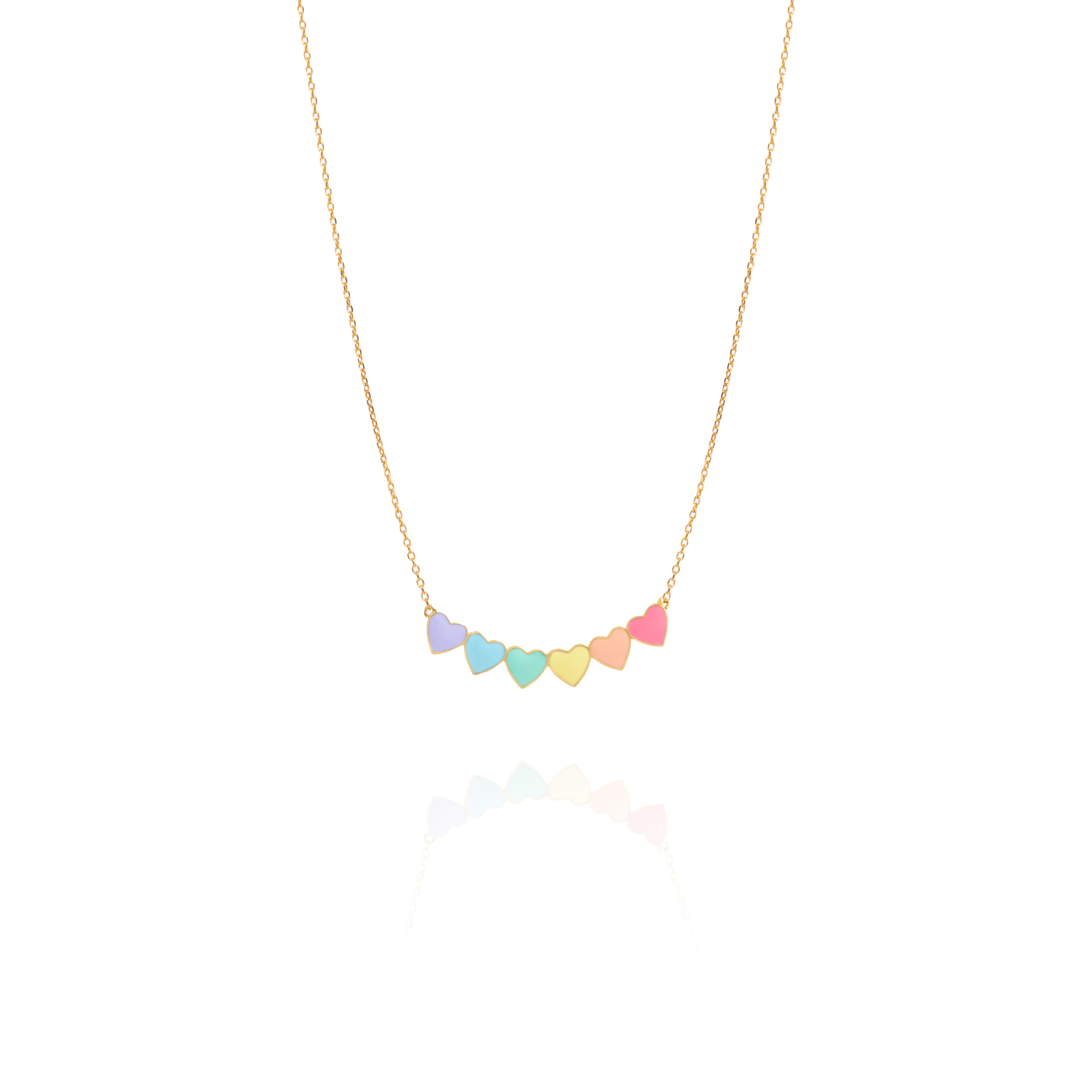 Tiny Jewels necklace with colorful heart-shaped pendants on a white background