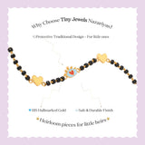 Tiny Jewels children's bracelet with gold and black beads on a light purple background, featuring text about Tiny Jewels Nazariyas.