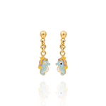 Tiny Jewels gold and blue seahorse-shaped earrings on a white background