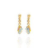 Tiny Jewels gold and blue seahorse-shaped earrings on a white background