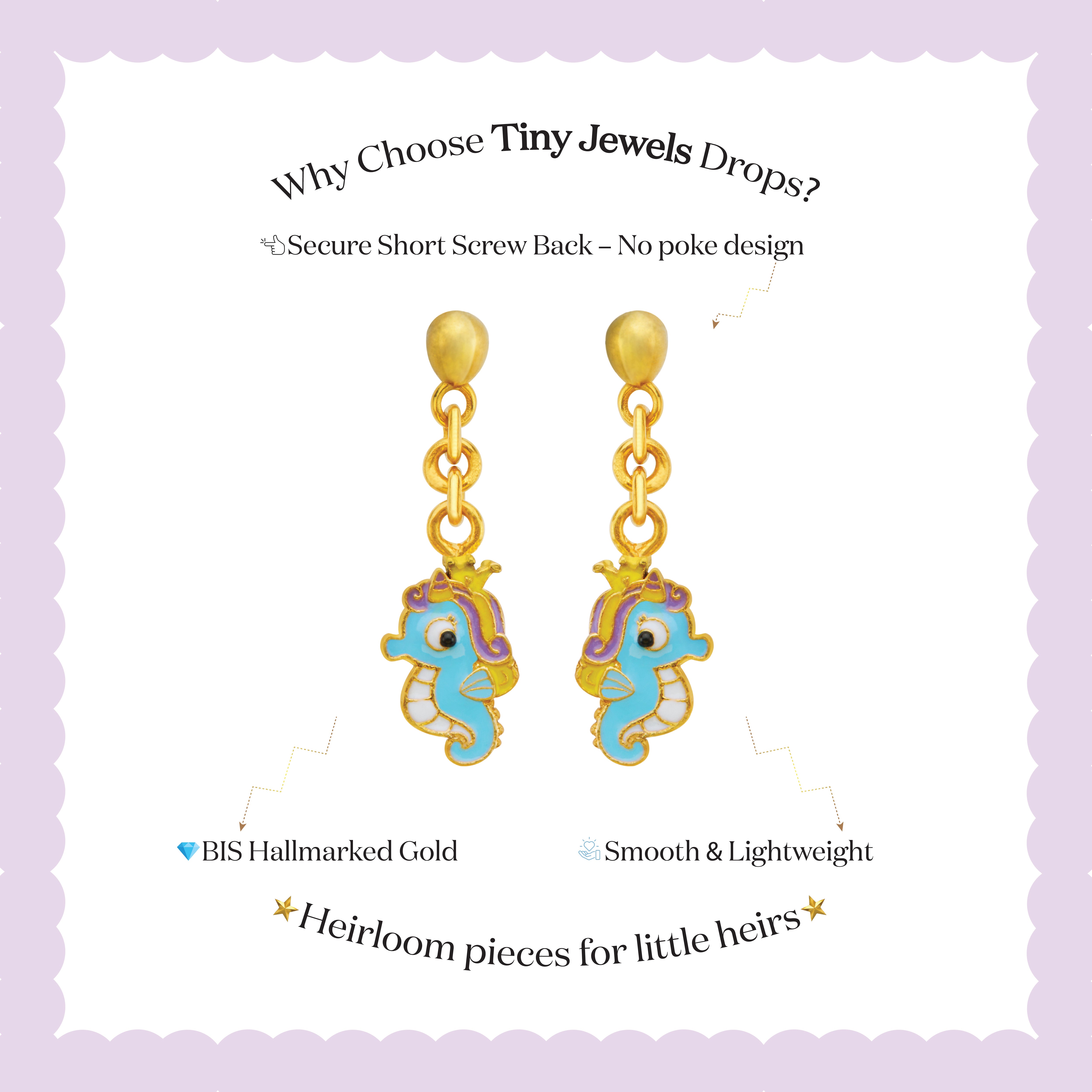 Tiny Jewels gold and turquoise seahorse-shaped earrings on a white background with promotional text.