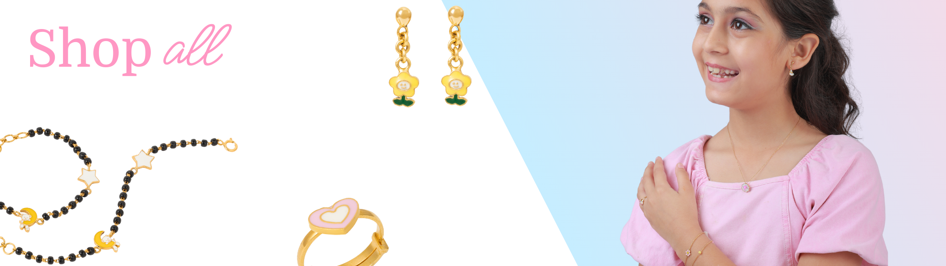 Tiny Jewels jewelry set with necklace, ring, and earrings displayed on a light blue background with a girl wearing the earrings.