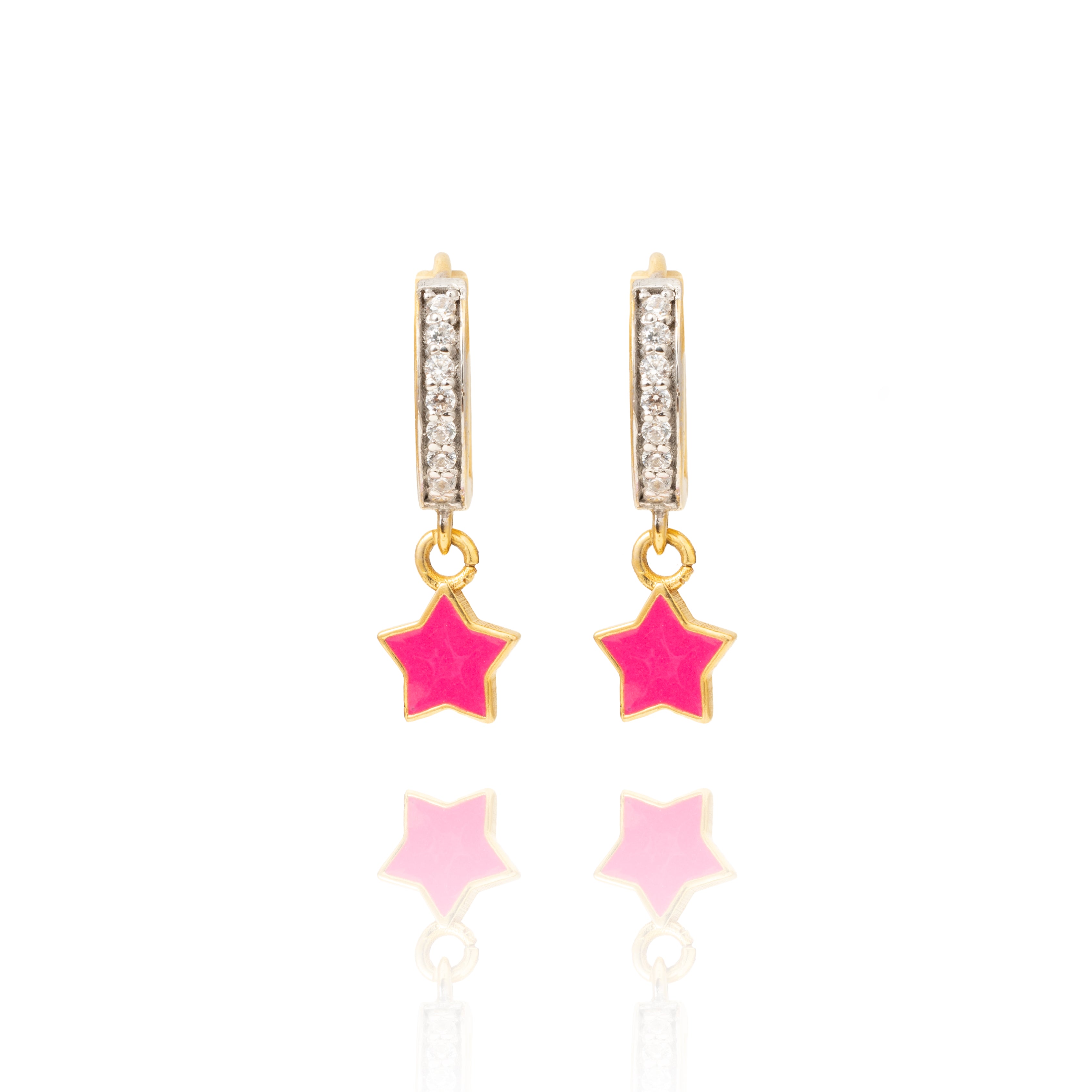 Tiny Jewels pair of earrings with pink star charms on a white background